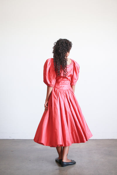 1950s Ceil Chapman Ruby Red Taffeta Basque Waist Dress