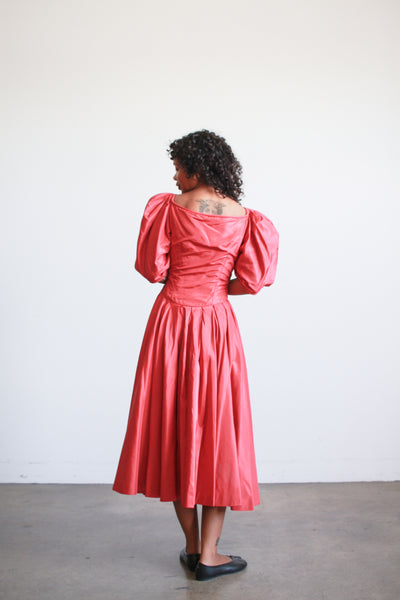 1950s Ceil Chapman Ruby Red Taffeta Basque Waist Dress