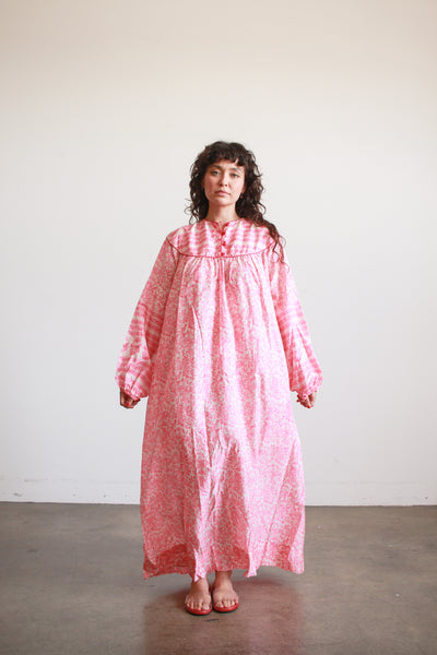 1970s Raksha Pink Indian Block Print Silk Dress