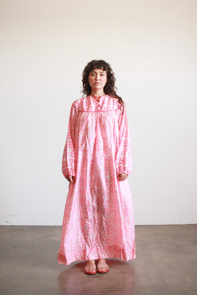 1970s Raksha Pink Indian Block Print Silk Dress