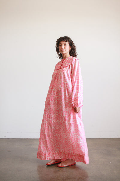 1970s Raksha Pink Indian Block Print Silk Dress