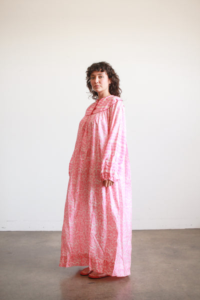 1970s Raksha Pink Indian Block Print Silk Dress