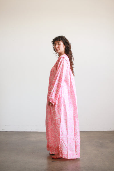 1970s Raksha Pink Indian Block Print Silk Dress