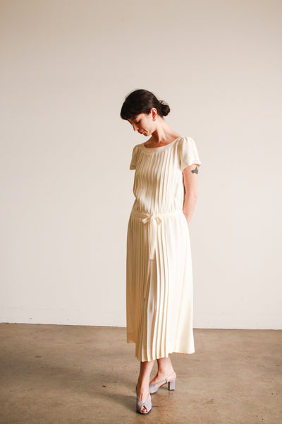 1980s Albert Nipon Ecru Pleated Midi Dress