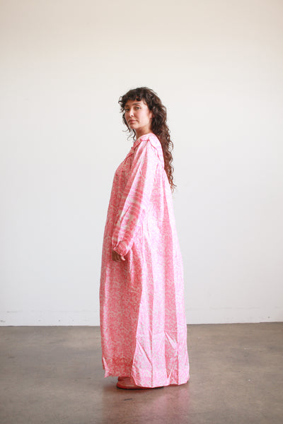 1970s Raksha Pink Indian Block Print Silk Dress