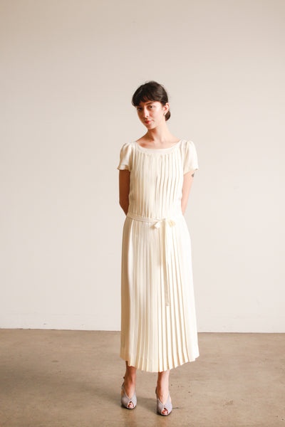 1980s Albert Nipon Ecru Pleated Midi Dress