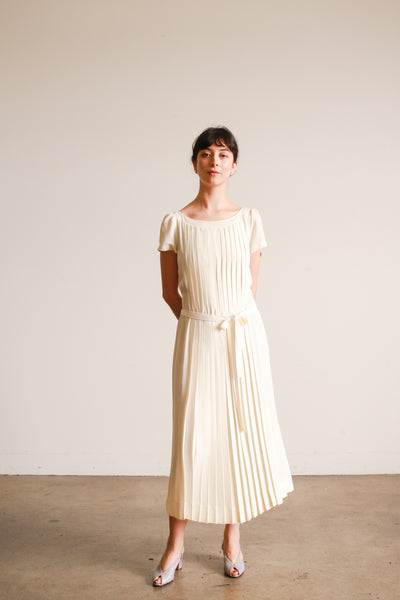 1980s Albert Nipon Ecru Pleated Midi Dress