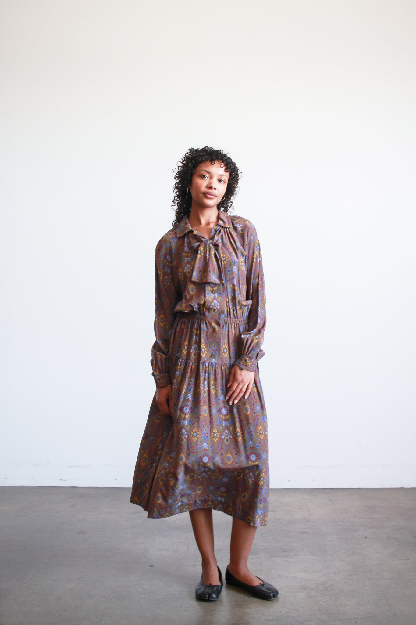1970s Givenchy Brown Patterned Silk Dress