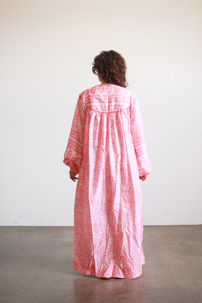 1970s Raksha Pink Indian Block Print Silk Dress