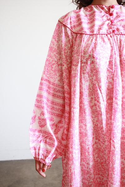 1970s Raksha Pink Indian Block Print Silk Dress