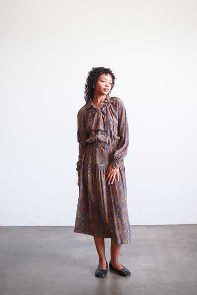 1970s Givenchy Brown Patterned Silk Dress