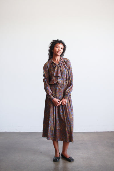 1970s Givenchy Brown Patterned Silk Dress