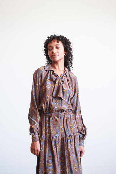 1970s Givenchy Brown Patterned Silk Dress