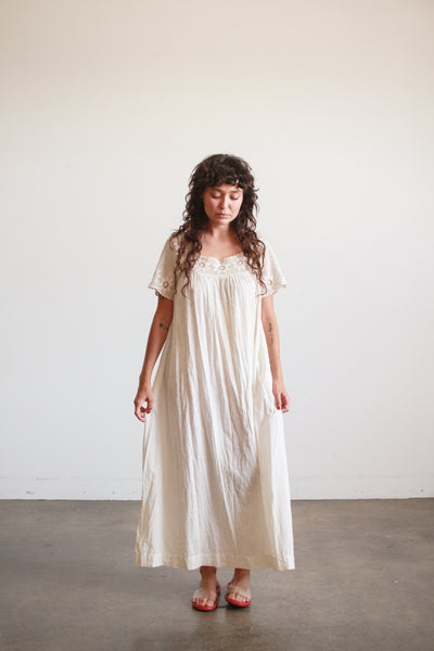 Antique Ecru Crochet Bib Cotton Nightgown