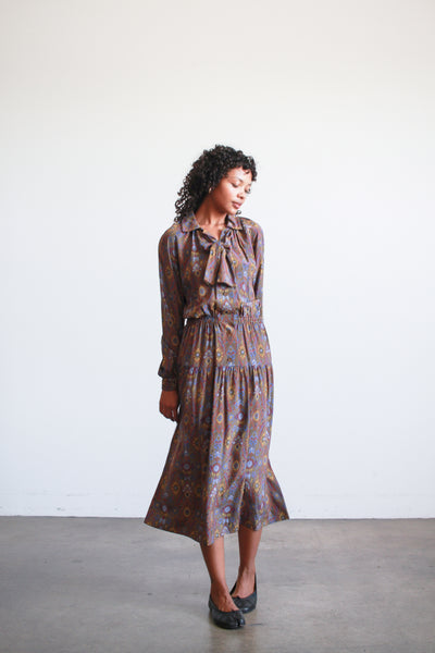 1970s Givenchy Brown Patterned Silk Dress