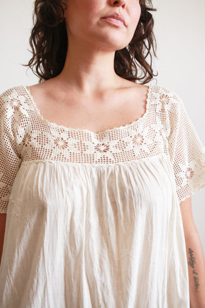 Antique Ecru Crochet Bib Cotton Nightgown