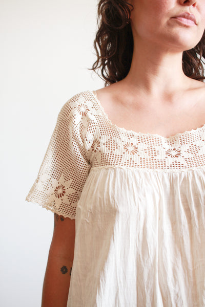 Antique Ecru Crochet Bib Cotton Nightgown