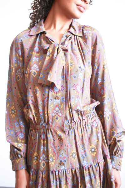1970s Givenchy Brown Patterned Silk Dress