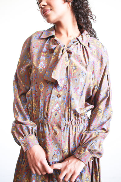 1970s Givenchy Brown Patterned Silk Dress