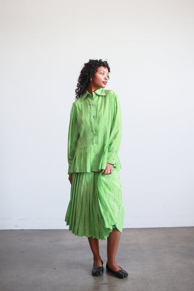 1980s Apple Green Spotted Silk Skirt Set