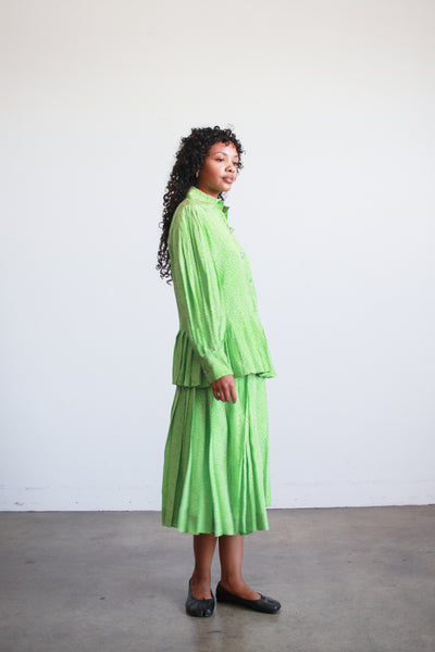 1980s Apple Green Spotted Silk Skirt Set