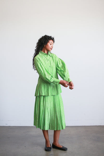 1980s Apple Green Spotted Silk Skirt Set