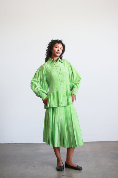 1980s Apple Green Spotted Silk Skirt Set