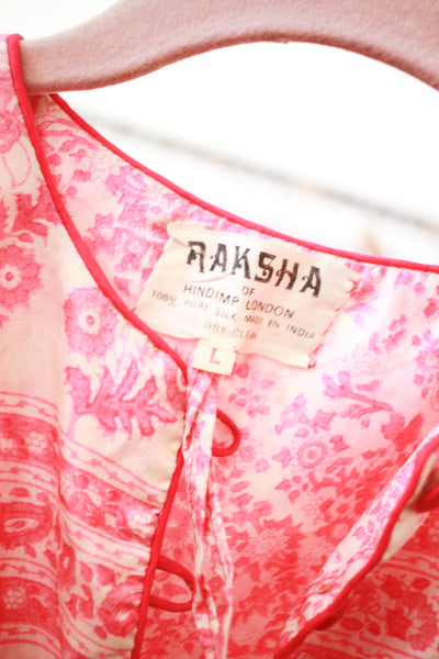 1970s Raksha Pink Indian Block Print Silk Dress