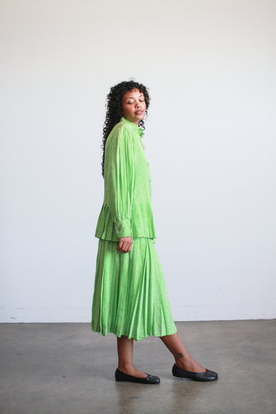 1980s Apple Green Spotted Silk Skirt Set