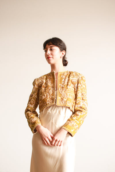 1980s Bill Blass Citron Sequin Beaded Crop Jacket