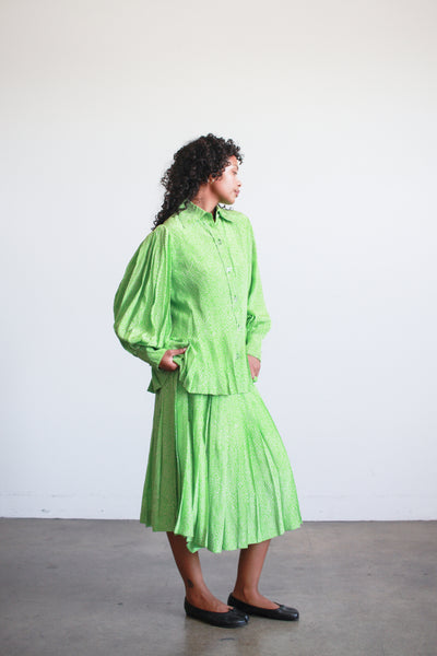 1980s Apple Green Spotted Silk Skirt Set