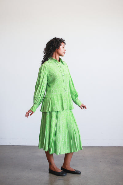 1980s Apple Green Spotted Silk Skirt Set