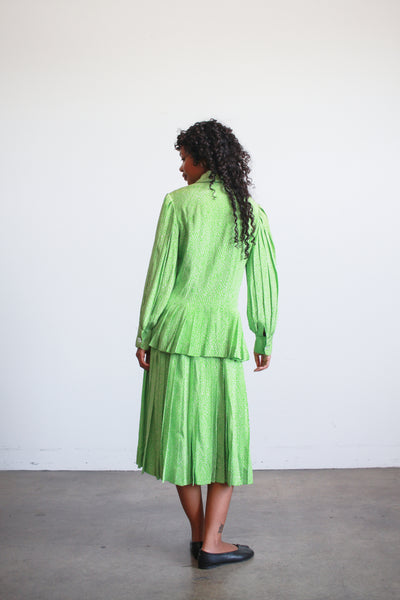 1980s Apple Green Spotted Silk Skirt Set