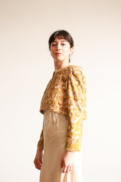 1980s Bill Blass Citron Sequin Beaded Crop Jacket