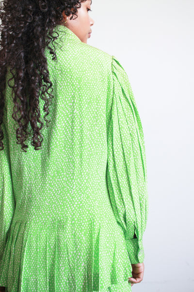 1980s Apple Green Spotted Silk Skirt Set