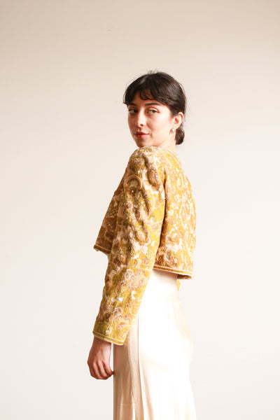 1980s Bill Blass Citron Sequin Beaded Crop Jacket