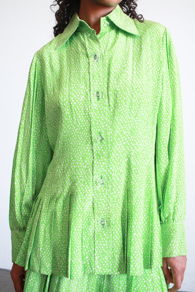 1980s Apple Green Spotted Silk Skirt Set