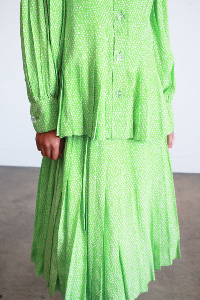 1980s Apple Green Spotted Silk Skirt Set