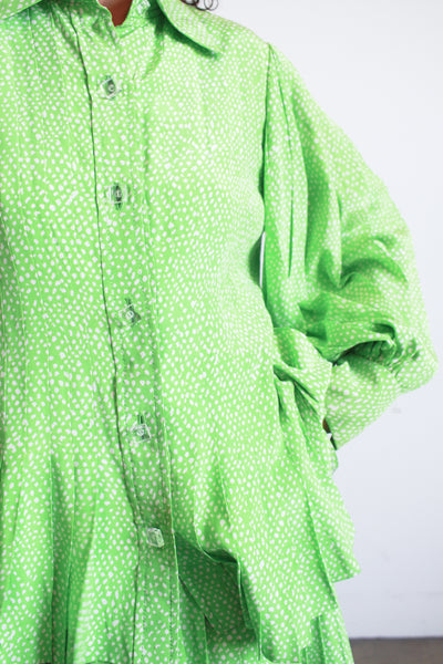 1980s Apple Green Spotted Silk Skirt Set