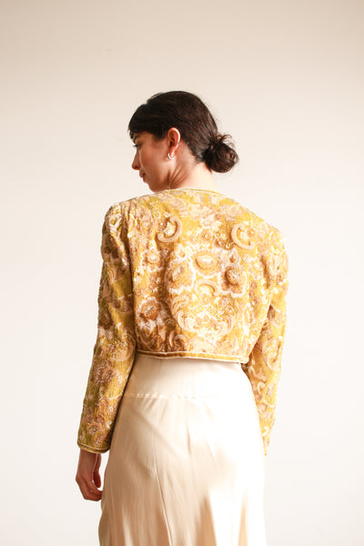 1980s Bill Blass Citron Sequin Beaded Crop Jacket