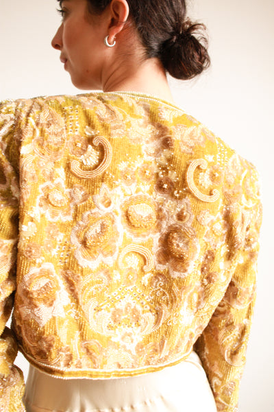 1980s Bill Blass Citron Sequin Beaded Crop Jacket