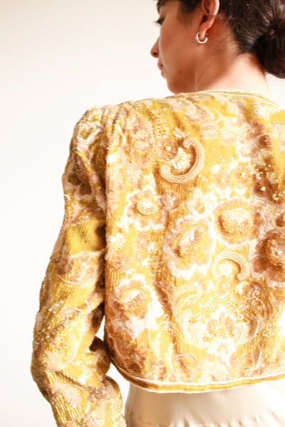 1980s Bill Blass Citron Sequin Beaded Crop Jacket