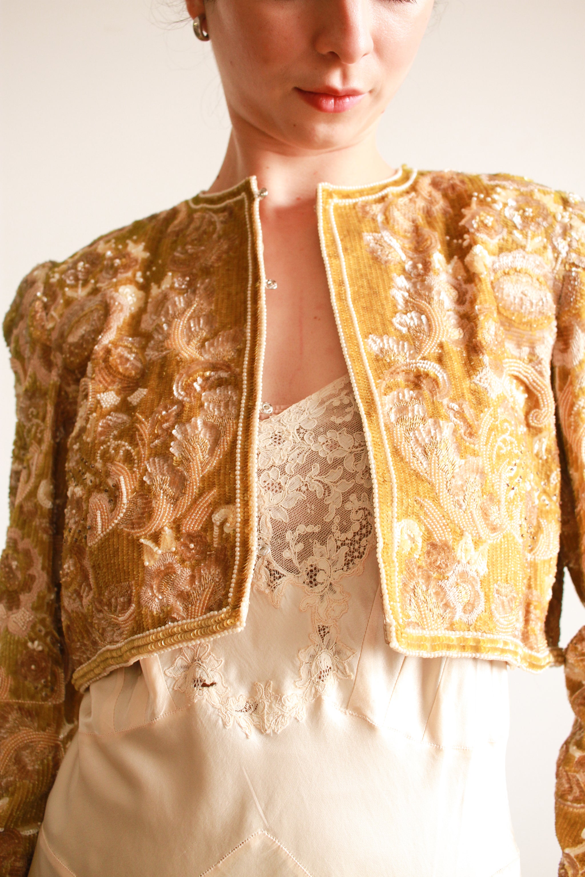 1980s Bill Blass Citron Sequin Beaded Crop Jacket – Blossom