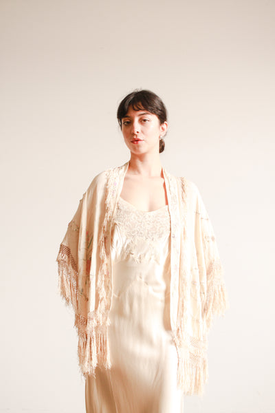 1920s Ecru Pastel Embroidered Fringe Capelet