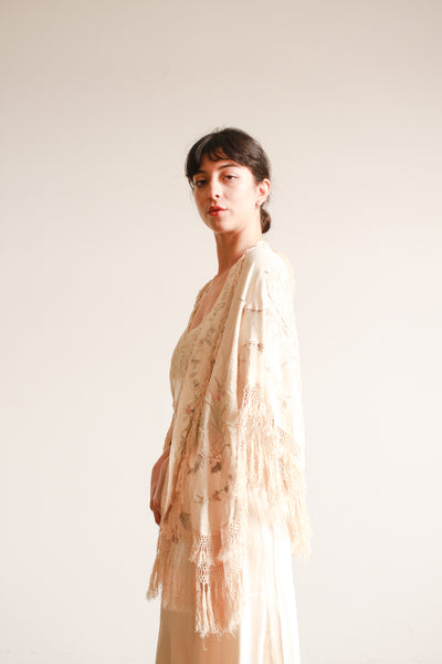 1920s Ecru Pastel Embroidered Fringe Capelet