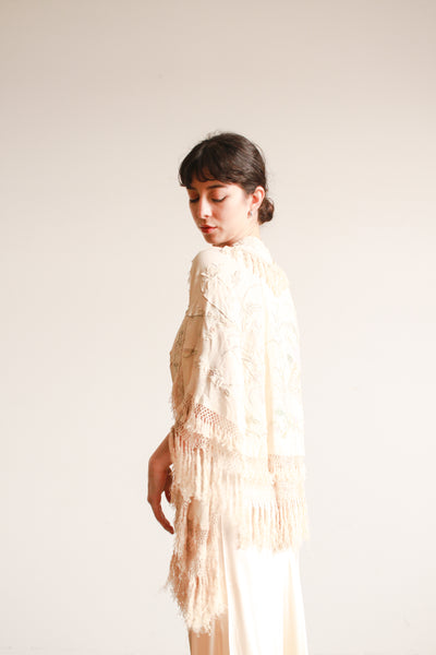 1920s Ecru Pastel Embroidered Fringe Capelet