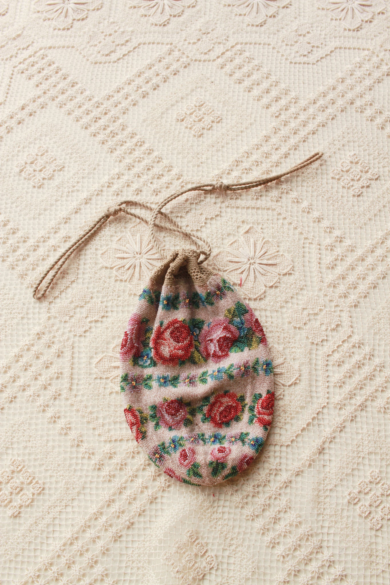 Antique Victorian Rose Floral Motif Glass Bead Satchel Bag