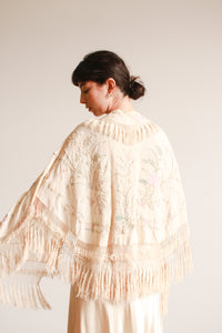 1920s Ecru Pastel Embroidered Fringe Capelet