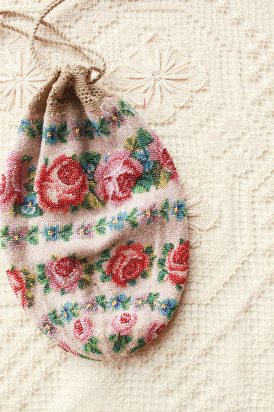 Antique Victorian Rose Floral Motif Glass Bead Satchel Bag