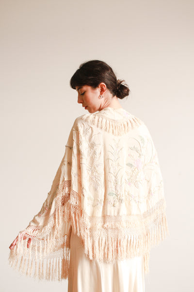 1920s Ecru Pastel Embroidered Fringe Capelet